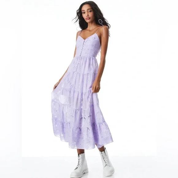 SOLD! NWT Alice + Olivia Shanti Eyelet Embroidery Button Front Dress Lavender - Picture 4 of 17